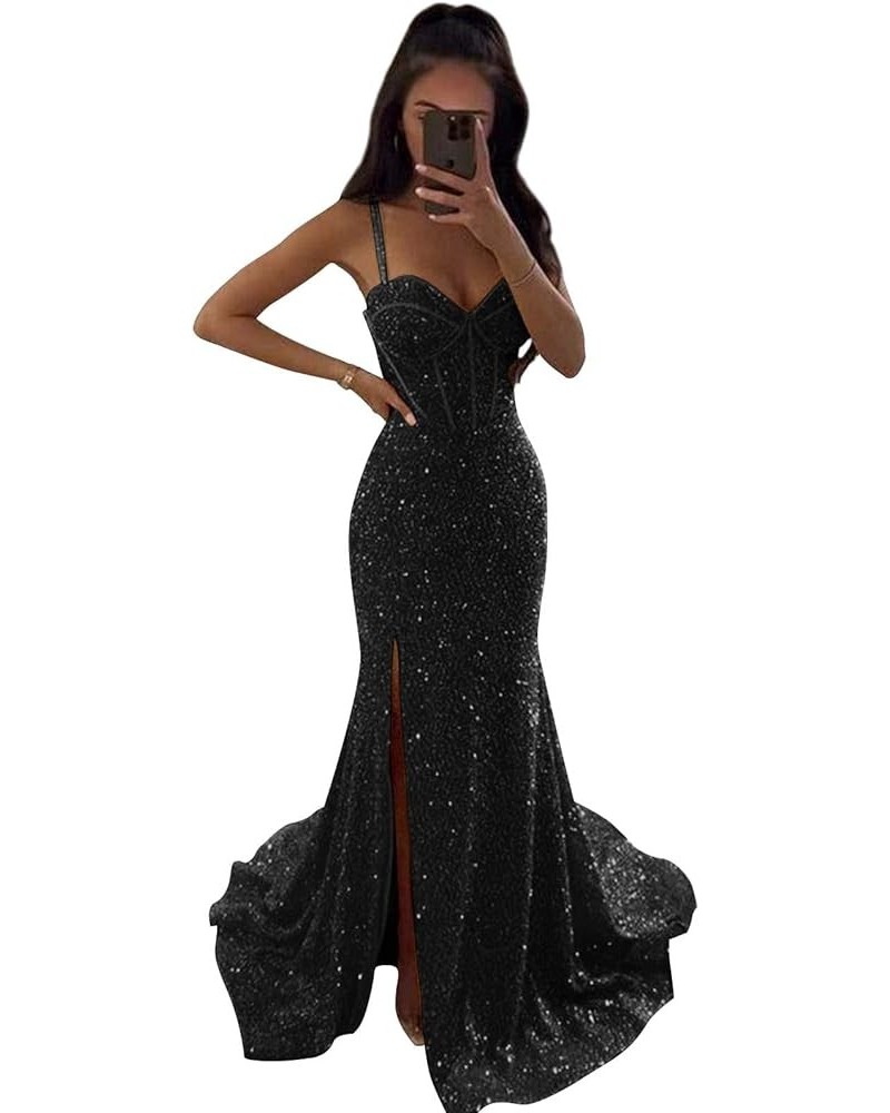 Women's Mermaid Sequin Prom Dresses Ball Gown Long Homecoming Dress V Neck High Slit Evening Formal Dress Black $35.70 Dresses