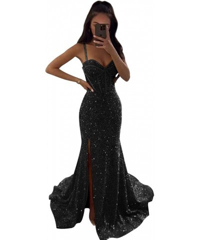 Women's Mermaid Sequin Prom Dresses Ball Gown Long Homecoming Dress V Neck High Slit Evening Formal Dress Black $35.70 Dresses