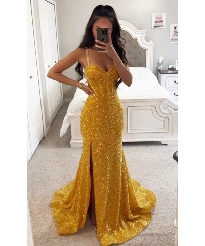 Women's Mermaid Sequin Prom Dresses Ball Gown Long Homecoming Dress V Neck High Slit Evening Formal Dress Black $35.70 Dresses