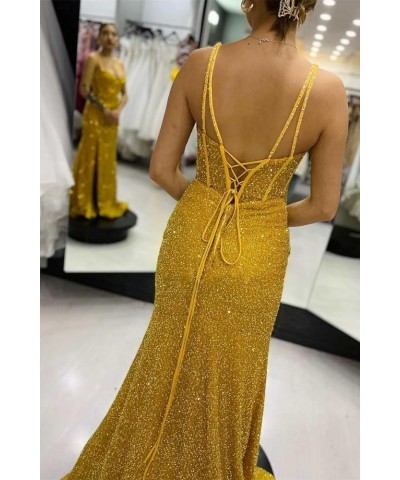 Women's Mermaid Sequin Prom Dresses Ball Gown Long Homecoming Dress V Neck High Slit Evening Formal Dress Black $35.70 Dresses