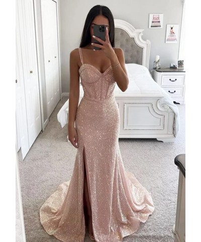 Women's Mermaid Sequin Prom Dresses Ball Gown Long Homecoming Dress V Neck High Slit Evening Formal Dress Black $35.70 Dresses