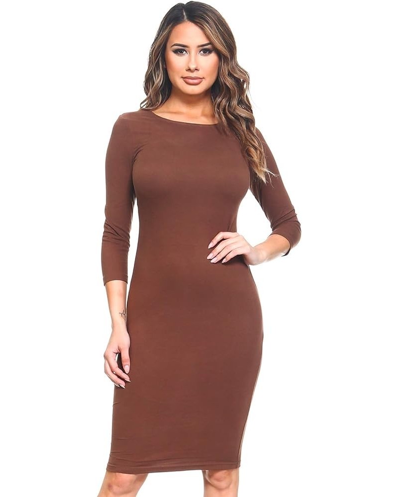 Women's Round Neck 3/4 Sleeve Midi Bodycon Fitted Midi Dress Casual Work Mocha $10.00 Dresses