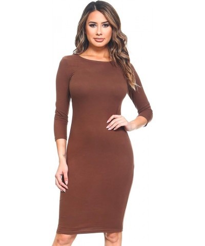 Women's Round Neck 3/4 Sleeve Midi Bodycon Fitted Midi Dress Casual Work Mocha $10.00 Dresses