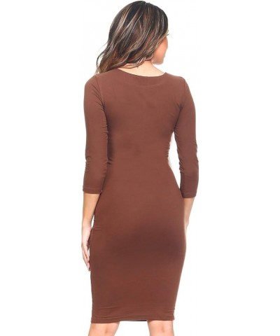 Women's Round Neck 3/4 Sleeve Midi Bodycon Fitted Midi Dress Casual Work Mocha $10.00 Dresses