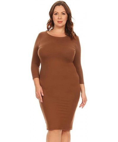 Women's Round Neck 3/4 Sleeve Midi Bodycon Fitted Midi Dress Casual Work Mocha $10.00 Dresses