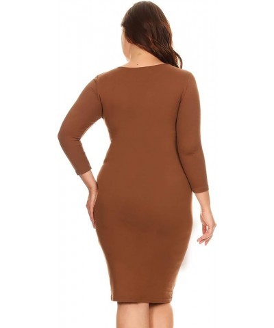 Women's Round Neck 3/4 Sleeve Midi Bodycon Fitted Midi Dress Casual Work Mocha $10.00 Dresses