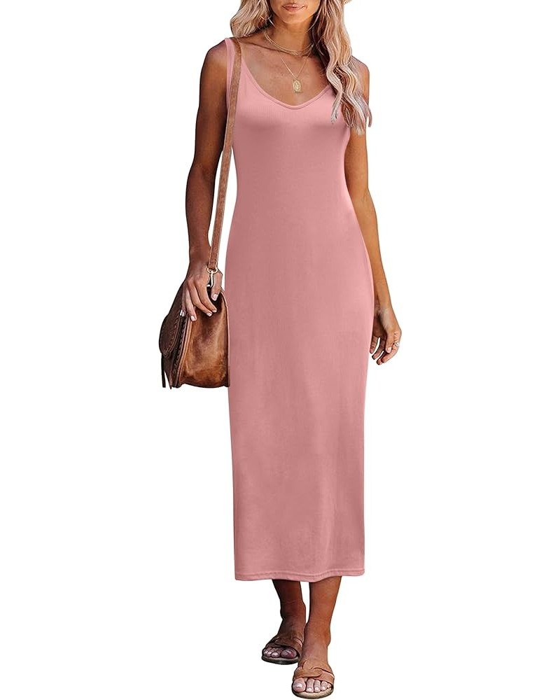 Womens 2024 Summer Bodycon Sexy V-Neck Knit Midi Dress Casual Sleeveless Sweater Dresses Pink $20.71 Dresses