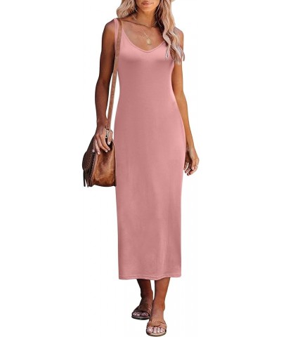 Womens 2024 Summer Bodycon Sexy V-Neck Knit Midi Dress Casual Sleeveless Sweater Dresses Pink $20.71 Dresses