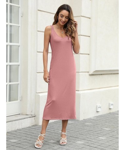 Womens 2024 Summer Bodycon Sexy V-Neck Knit Midi Dress Casual Sleeveless Sweater Dresses Pink $20.71 Dresses