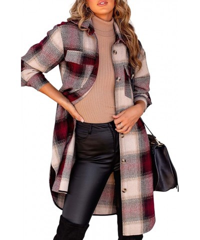 Women's Long Plaid Shacket Button Down Casual Flannel Jacket Tartan Shirt Trench Coat Red $29.11 Jackets