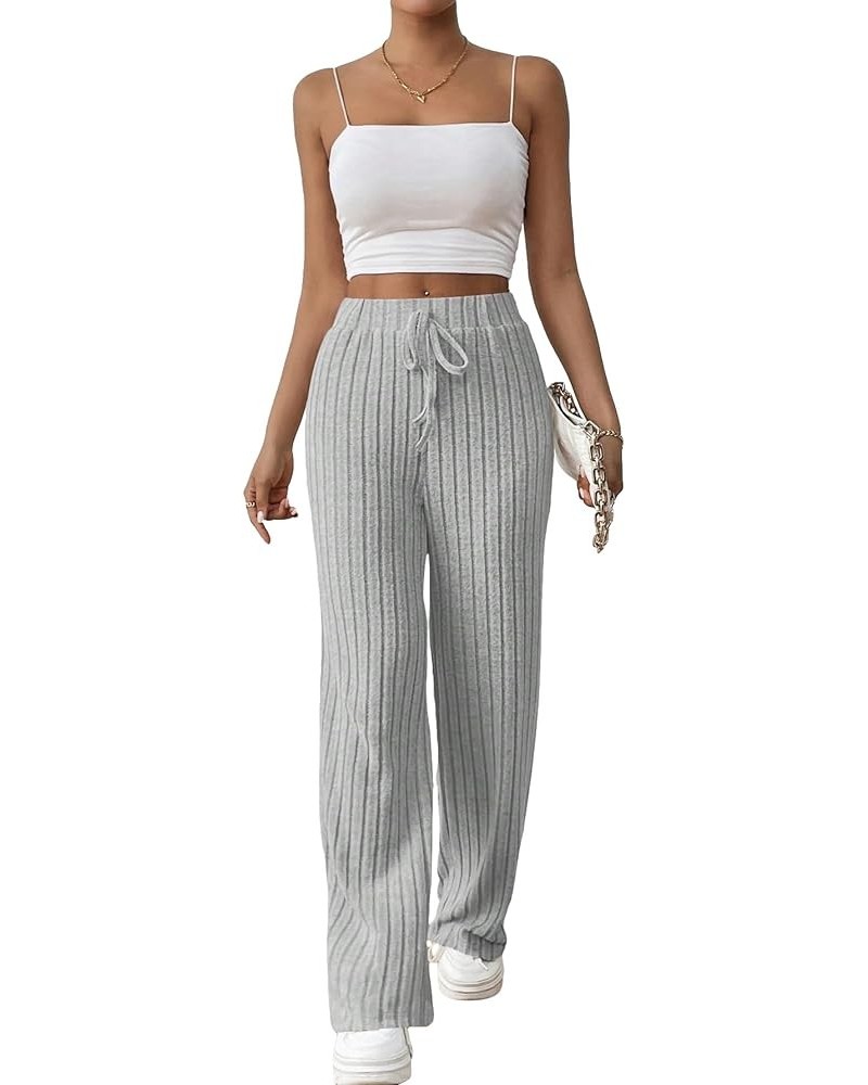 Women's Ribbed Tie Front Pants High Waist Wide Leg Pants Elastic Waistband Bottoms Grey $17.04 Leggings