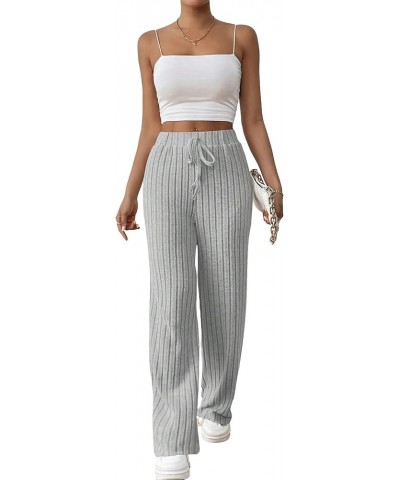 Women's Ribbed Tie Front Pants High Waist Wide Leg Pants Elastic Waistband Bottoms Grey $17.04 Leggings