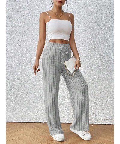 Women's Ribbed Tie Front Pants High Waist Wide Leg Pants Elastic Waistband Bottoms Grey $17.04 Leggings