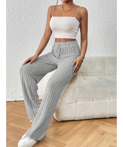 Women's Ribbed Tie Front Pants High Waist Wide Leg Pants Elastic Waistband Bottoms Grey $17.04 Leggings