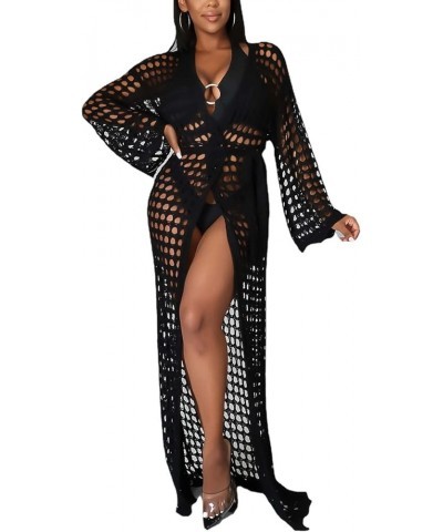 Beach Crochet Coverup for Women Hollow Out See Through Sheer Long Maxi Cardigan Bathing Cover Ups for Women with Belt Black $...