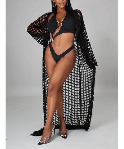 Beach Crochet Coverup for Women Hollow Out See Through Sheer Long Maxi Cardigan Bathing Cover Ups for Women with Belt Black $...