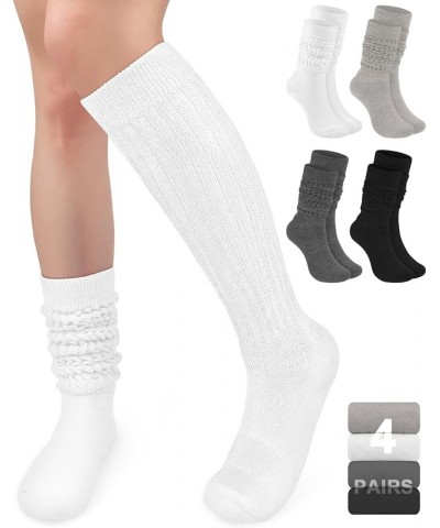 4 Pairs Slouch Socks Women Knit Knee High Boot Socks Warm Cozy Cotton Long Scrunch Socks Small-Medium A- Black/Grey/Light Gre...