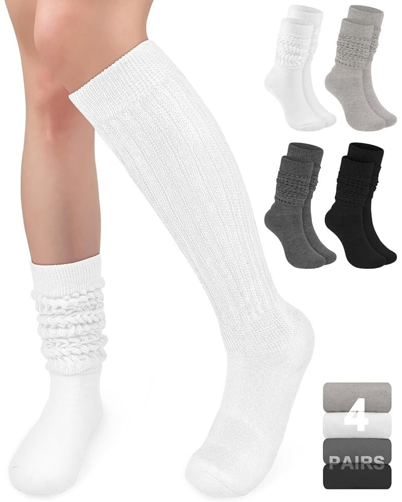 4 Pairs Slouch Socks Women Knit Knee High Boot Socks Warm Cozy Cotton Long Scrunch Socks Small-Medium A- Black/Grey/Light Gre...