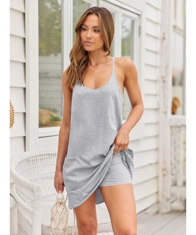 Womens Casual Summer Sleeveless Mini Sundress Spaghetti Strap Short Dresses with Pockets 2024 Grey $13.72 Activewear