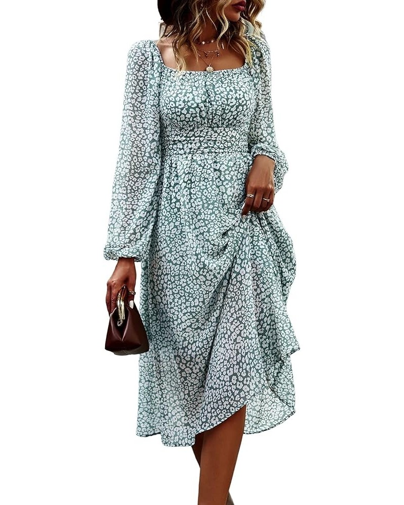 Women's Off Shoulder Square Neck Maxi Long Sleeves Floral Printed Flared Dress Green $19.80 Dresses