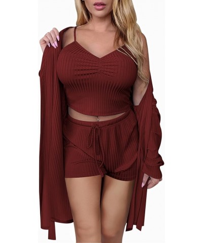 Women Pajamas Set 3 Piece Lounge Sets with Open Front Cardigan Pocketed Cami and Shorts Pjs Belted Robe Set Dark Red $23.93 S...