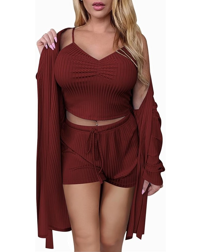 Women Pajamas Set 3 Piece Lounge Sets with Open Front Cardigan Pocketed Cami and Shorts Pjs Belted Robe Set Dark Red $23.93 S...