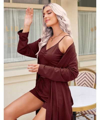 Women Pajamas Set 3 Piece Lounge Sets with Open Front Cardigan Pocketed Cami and Shorts Pjs Belted Robe Set Dark Red $23.93 S...