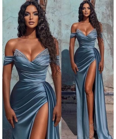 Sexy Satin Off Shoulder Mermaid Prom Bridesmaid Dresses with Split Beaded Long Evening Formal Party Dress Ball Gowns RPM002 G...