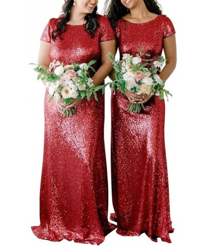 Mermaid V-Neck Back Long Bridesmaid Dresses Sequins Wedding Party Gowns Sparkly Short Sleeves Prom Dresses Fitted Red $32.08 ...