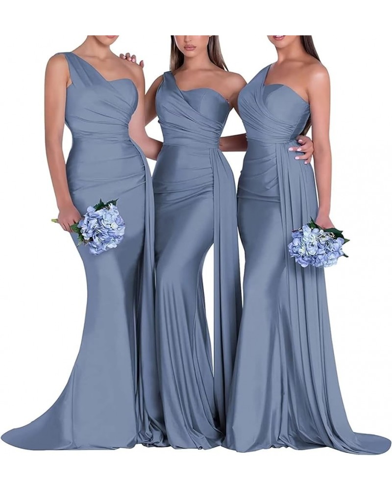 Bridesmaid Dresses One Shoulder Mermaid Satin Prom Dresses Wedding Party Dress Formal Evening Gowns Dusty Blue $35.09 Dresses