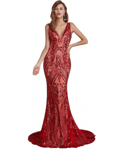 Women's V-Neck Sequins Mermaid Prom Evening Party Dress Sleeveless Lace-up Celebrity Pageant Gown Red $55.69 Dresses