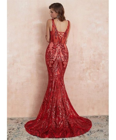 Women's V-Neck Sequins Mermaid Prom Evening Party Dress Sleeveless Lace-up Celebrity Pageant Gown Red $55.69 Dresses