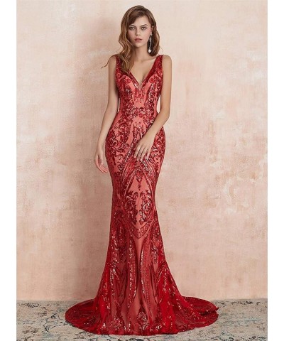 Women's V-Neck Sequins Mermaid Prom Evening Party Dress Sleeveless Lace-up Celebrity Pageant Gown Red $55.69 Dresses