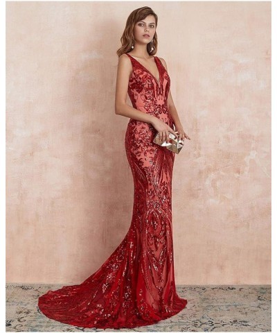 Women's V-Neck Sequins Mermaid Prom Evening Party Dress Sleeveless Lace-up Celebrity Pageant Gown Red $55.69 Dresses