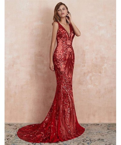 Women's V-Neck Sequins Mermaid Prom Evening Party Dress Sleeveless Lace-up Celebrity Pageant Gown Red $55.69 Dresses