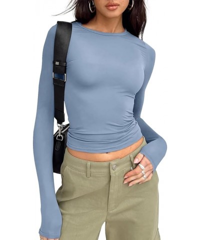 Women’s Basic Skinny Crop Top Tee Shirt Long Sleeve Workout Round Neck Cropped Tshirt Long Sleeve-blue Grey $11.00 T-Shirts