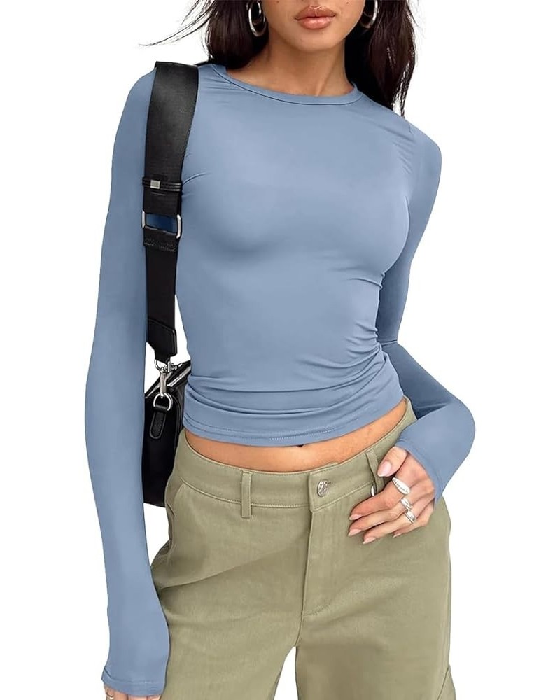 Women’s Basic Skinny Crop Top Tee Shirt Long Sleeve Workout Round Neck Cropped Tshirt Long Sleeve-blue Grey $11.00 T-Shirts