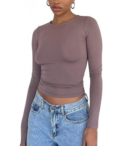 Women’s Basic Skinny Crop Top Tee Shirt Long Sleeve Workout Round Neck Cropped Tshirt Long Sleeve-blue Grey $11.00 T-Shirts