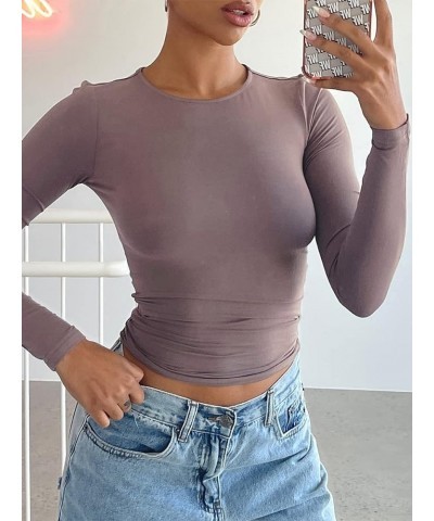 Women’s Basic Skinny Crop Top Tee Shirt Long Sleeve Workout Round Neck Cropped Tshirt Long Sleeve-blue Grey $11.00 T-Shirts