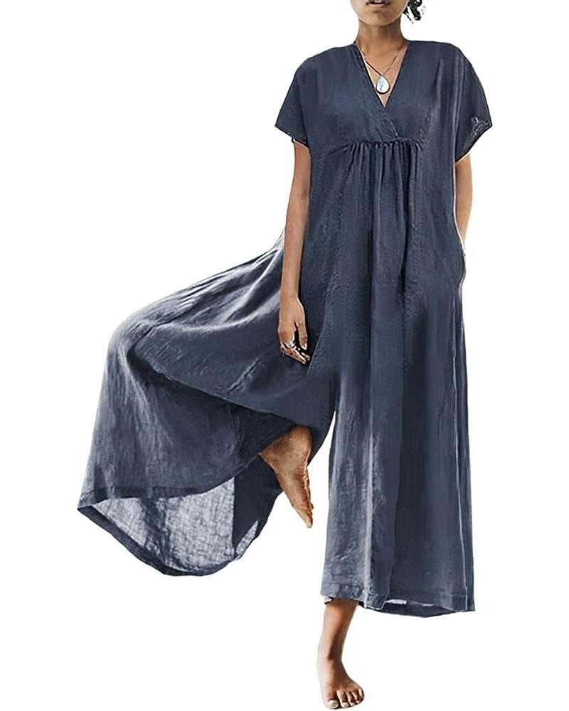 Women'S Loose Wide Leg Jumpsuits Cotton Linen Casual Summer Short Sleeve Long Pants Rompers 07-blue-v $16.32 Jumpsuits