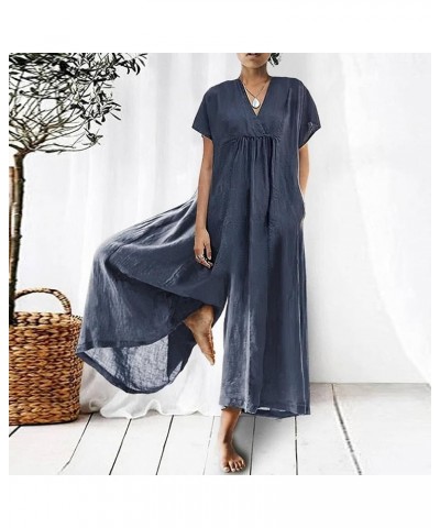 Women'S Loose Wide Leg Jumpsuits Cotton Linen Casual Summer Short Sleeve Long Pants Rompers 07-blue-v $16.32 Jumpsuits