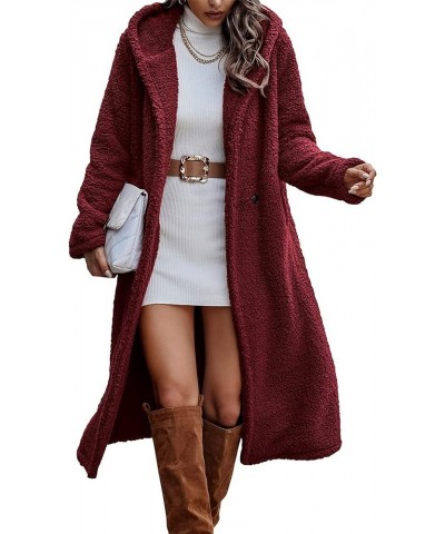 Women's Fashion Winter Coats Fuzzy Fleece Long Hooded Jackets Button Down Faux Fur Warm Outerwear Wine Red $35.00 Coats