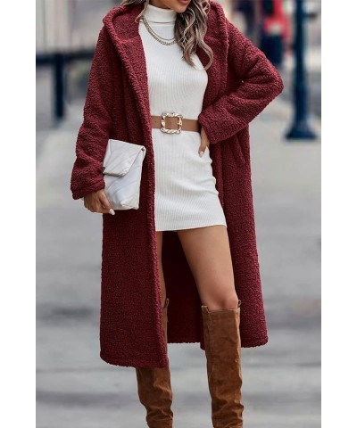 Women's Fashion Winter Coats Fuzzy Fleece Long Hooded Jackets Button Down Faux Fur Warm Outerwear Wine Red $35.00 Coats