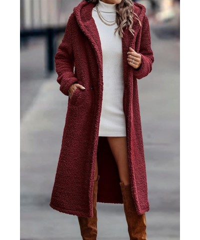 Women's Fashion Winter Coats Fuzzy Fleece Long Hooded Jackets Button Down Faux Fur Warm Outerwear Wine Red $35.00 Coats