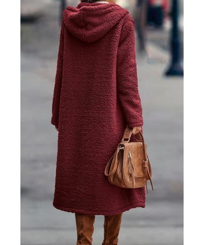 Women's Fashion Winter Coats Fuzzy Fleece Long Hooded Jackets Button Down Faux Fur Warm Outerwear Wine Red $35.00 Coats