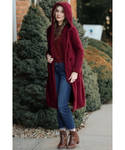 Women's Fashion Winter Coats Fuzzy Fleece Long Hooded Jackets Button Down Faux Fur Warm Outerwear Wine Red $35.00 Coats