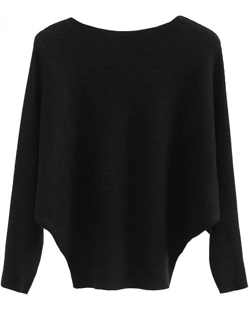 Boat Neck Batwing Sleeves Dolman Knitted Sweaters and Pullovers Tops for Women Black $14.49 Sweaters