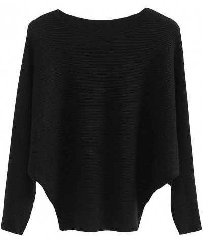 Boat Neck Batwing Sleeves Dolman Knitted Sweaters and Pullovers Tops for Women Black $14.49 Sweaters