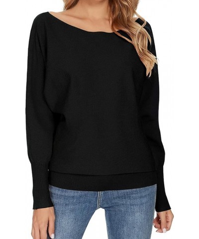 Boat Neck Batwing Sleeves Dolman Knitted Sweaters and Pullovers Tops for Women Black $14.49 Sweaters