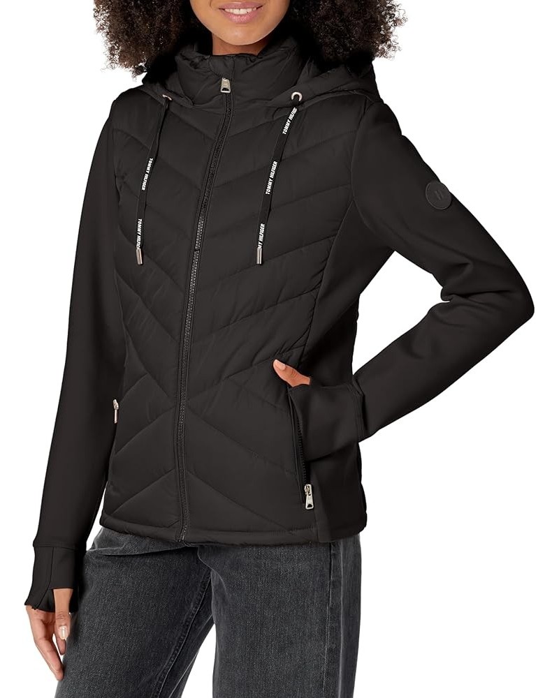 Women's Silicone Patch Hooded Hybrid Jacket Black $40.12 Jackets
